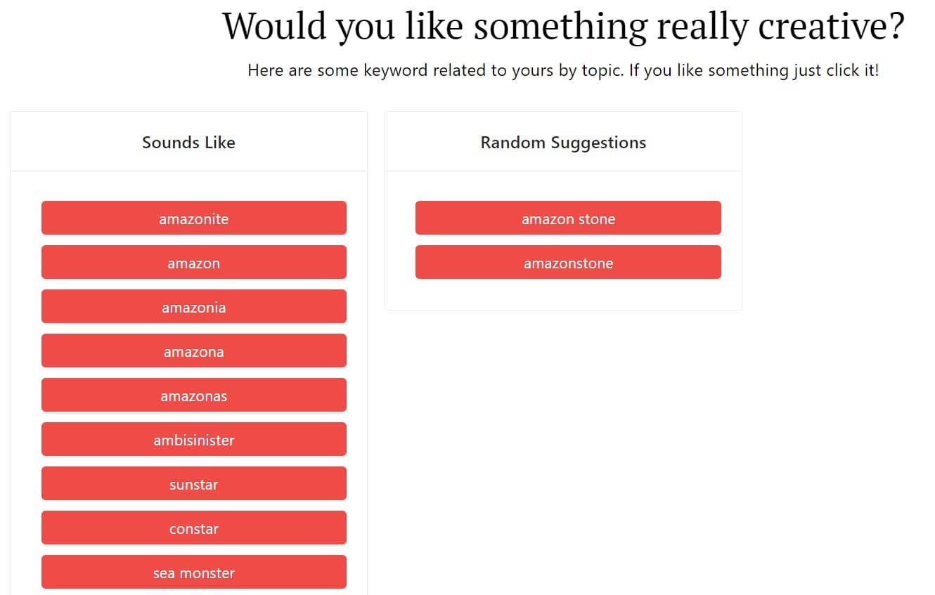 DomainWheel creative keyword suggestions for "Amazon store"