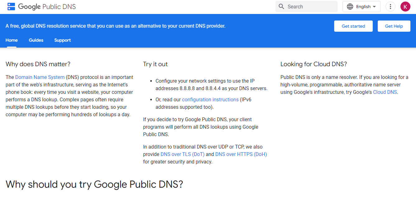 Google Public DNS homepage.