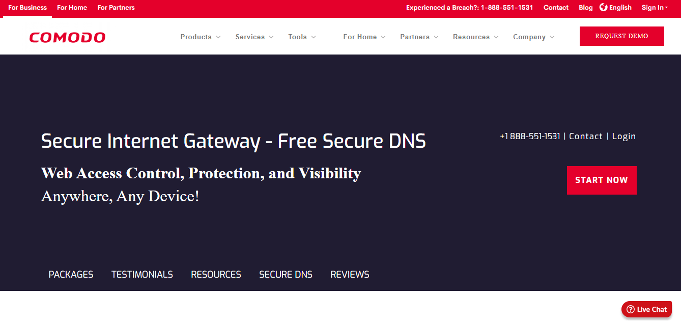 Comodo Secure DNS homepage.