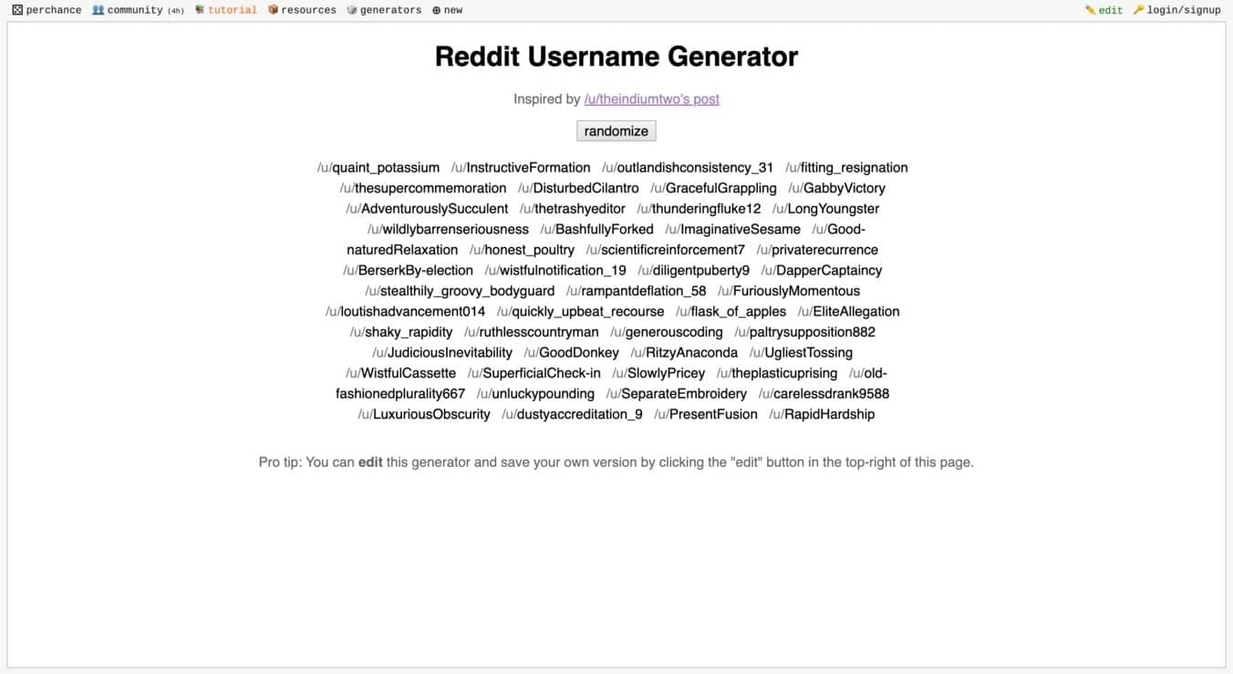 Perchance Reddit Username Generator: homepage
