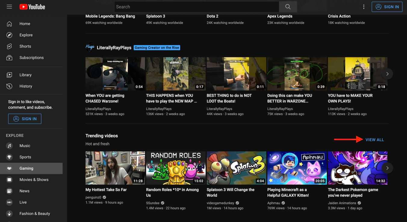 Youtube gaming trends  with "View All" highlighted