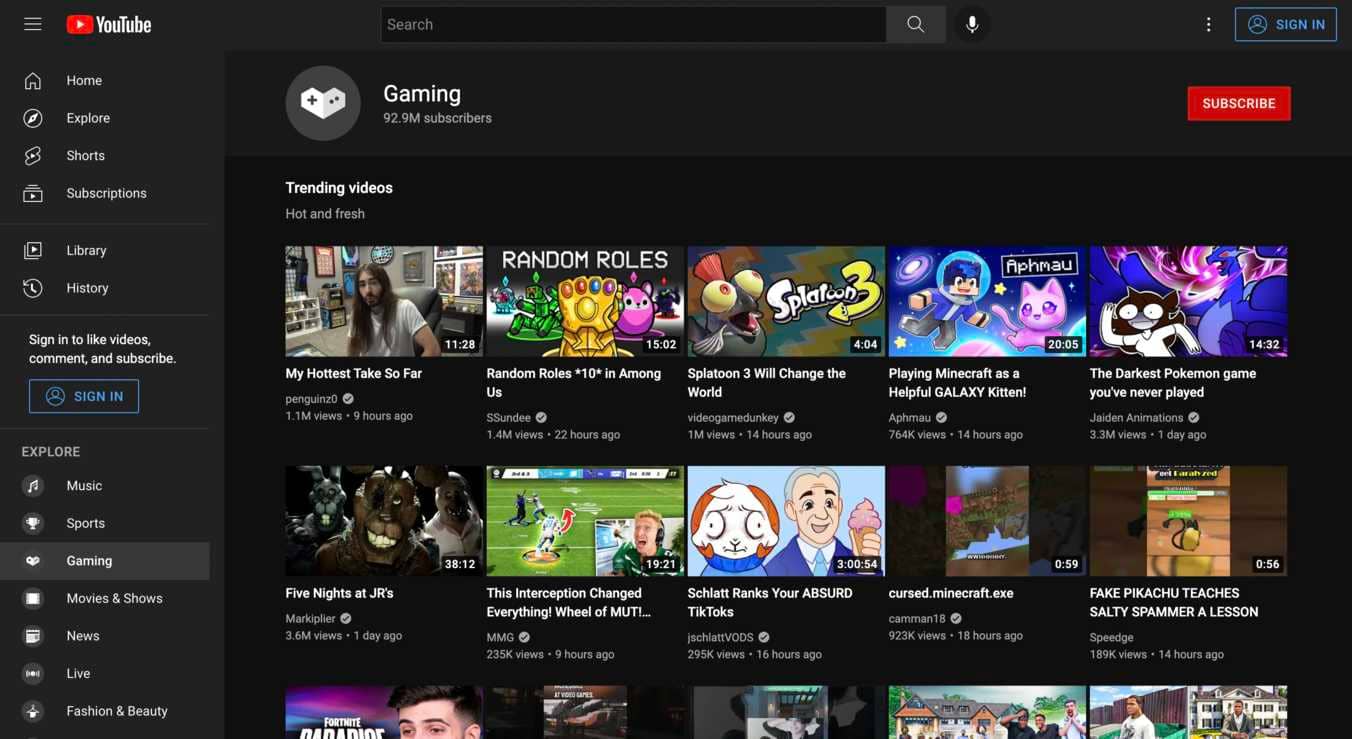 YouTube trending videos in "Gaming"