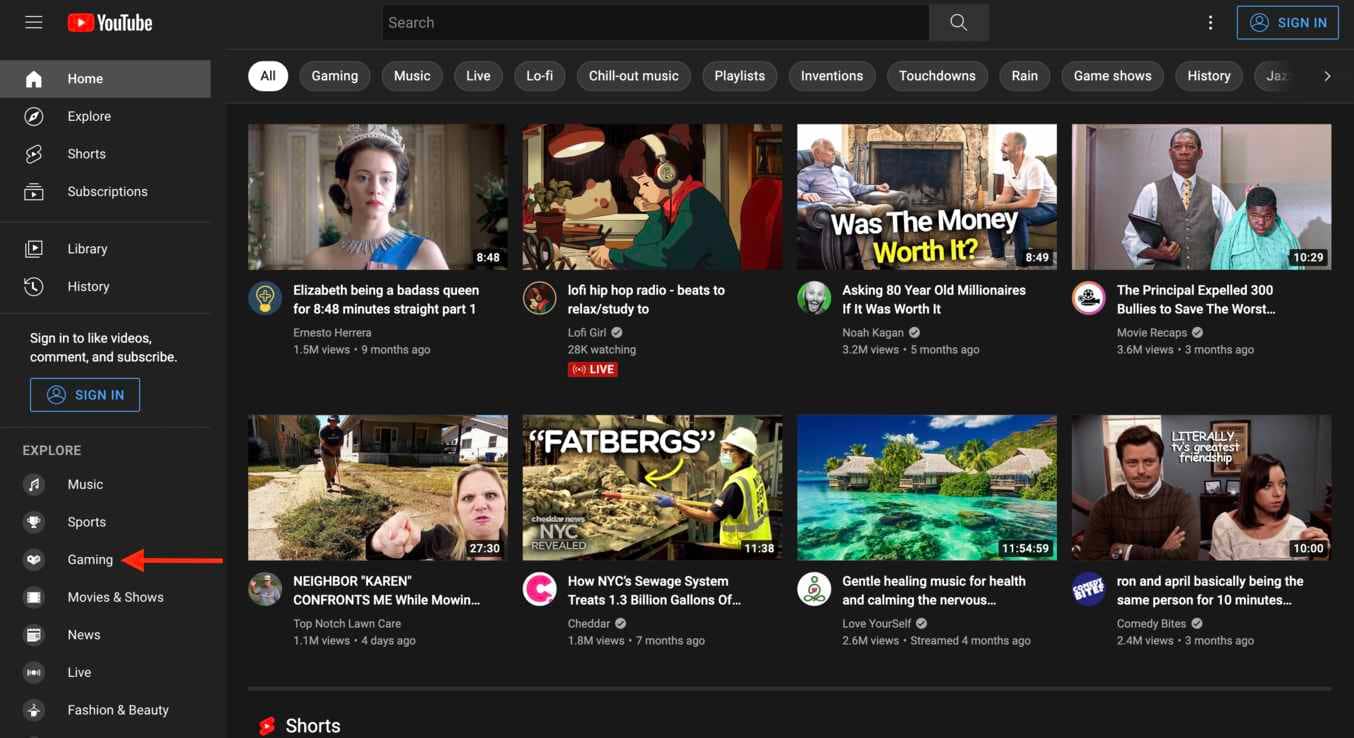 Youtube homepage with "Gaming" area highlighted