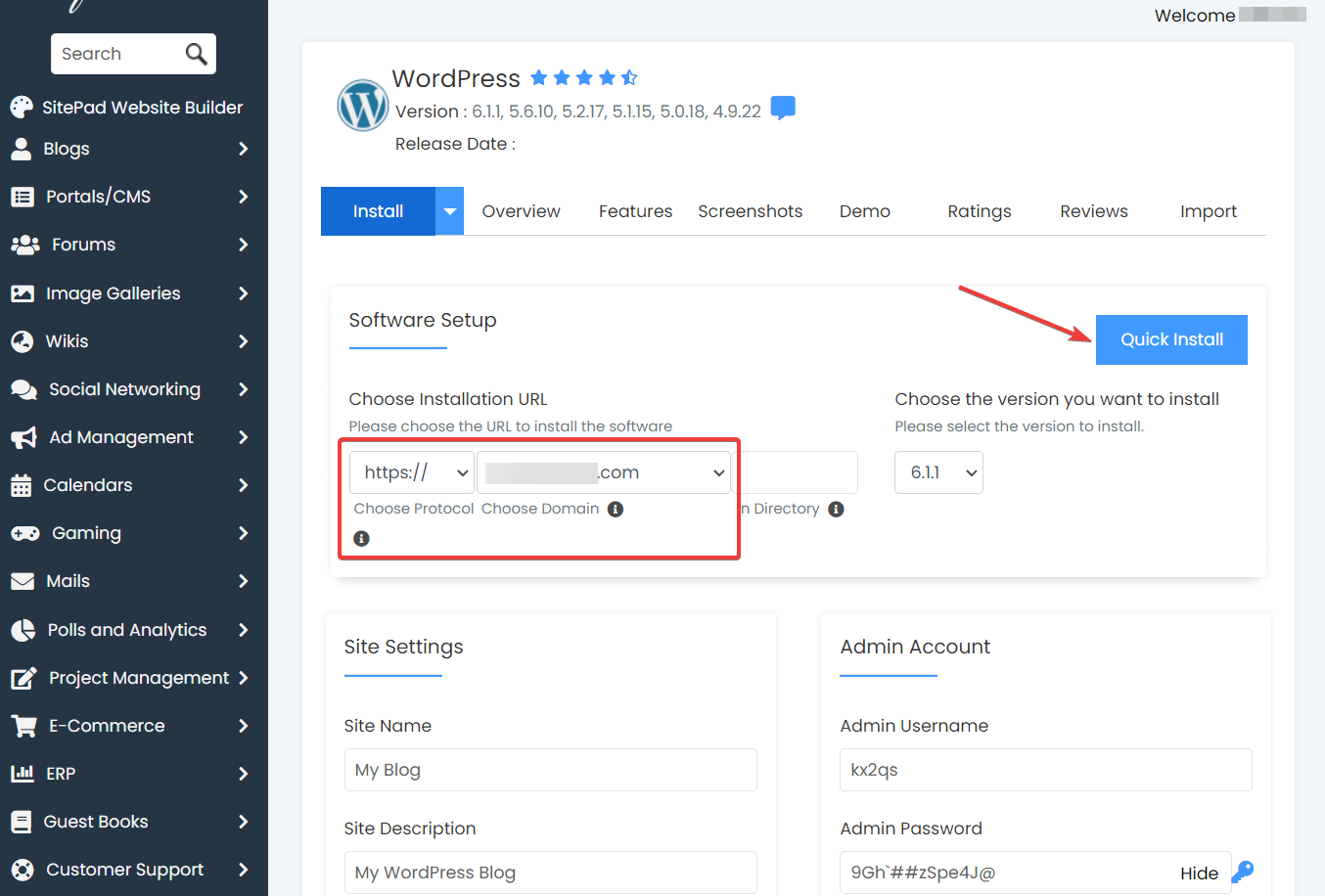 WordPress installation in Softaculous
