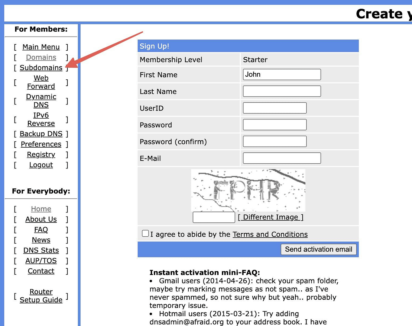 FreeDNS signup page with a red arrow pointing to "Subdomains".