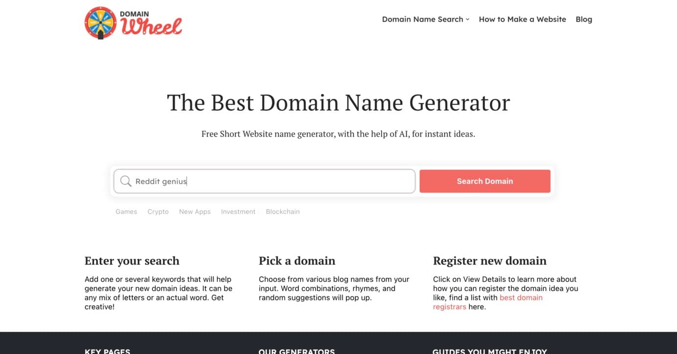 DomainWheel Reddit username generator: homepage