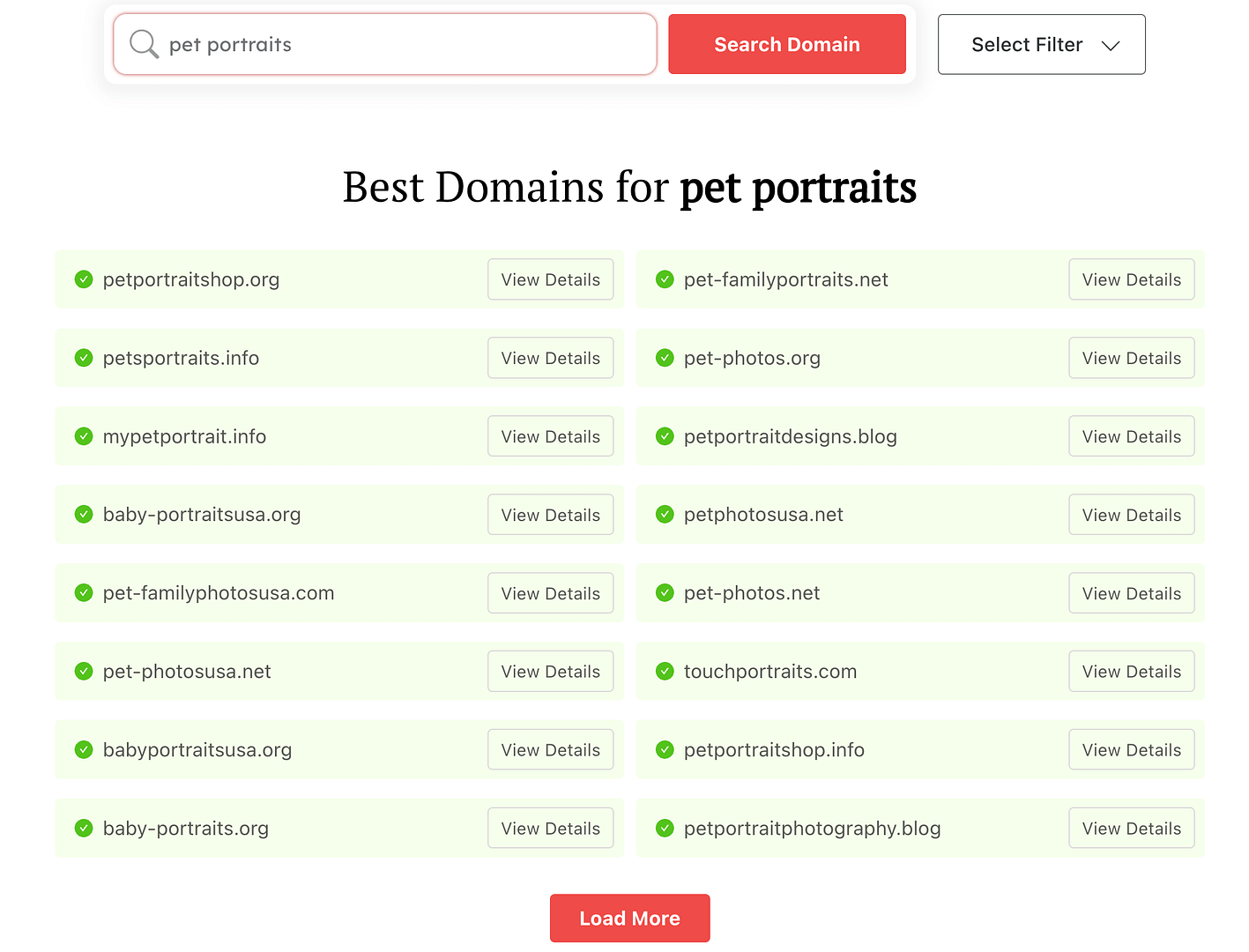 How to create a photographer website: Domain name generator results for pet portraits.