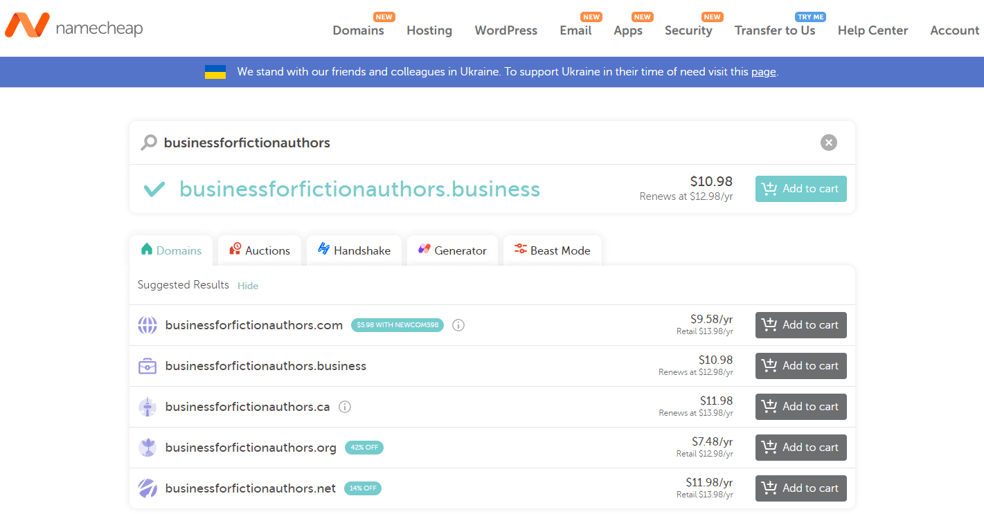 Namecheap search results for "businessforfictionauthors".
