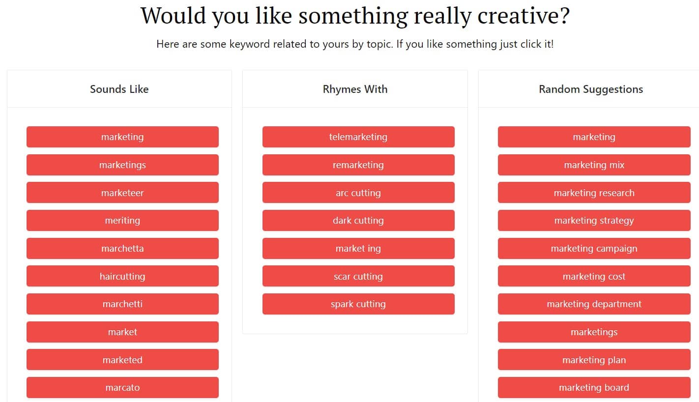 Creative keyword suggestions from the DomainWheel marketing company name generator