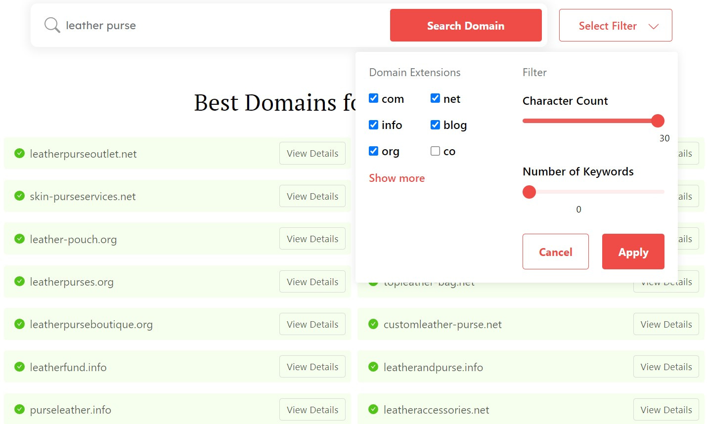 Names for purses: DomainWheel purse name generator search filters.