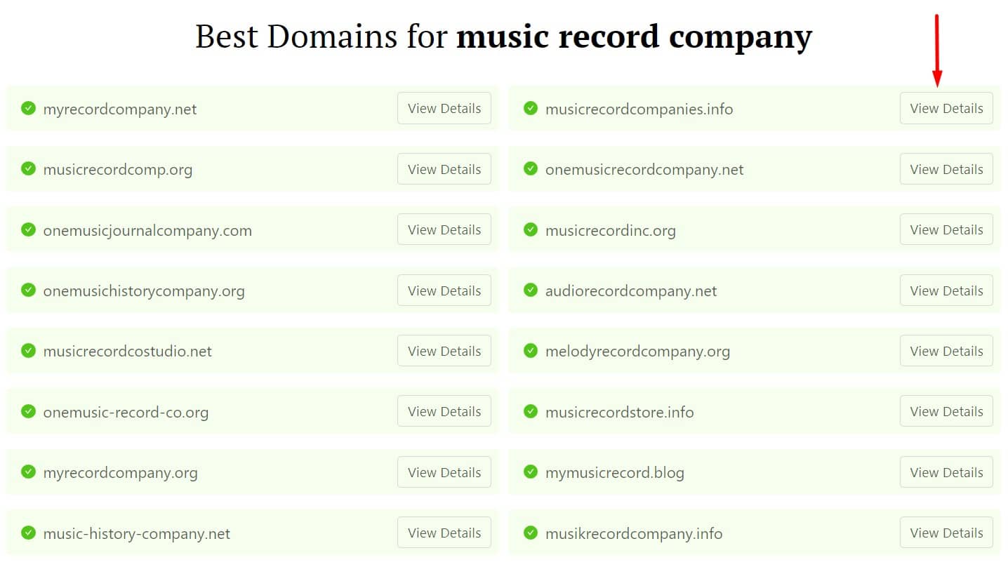 record label domain search, view details arrow