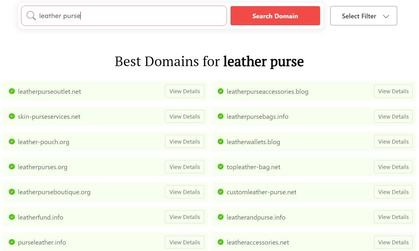 Names for purses: DomainWheel search for "leather purse"