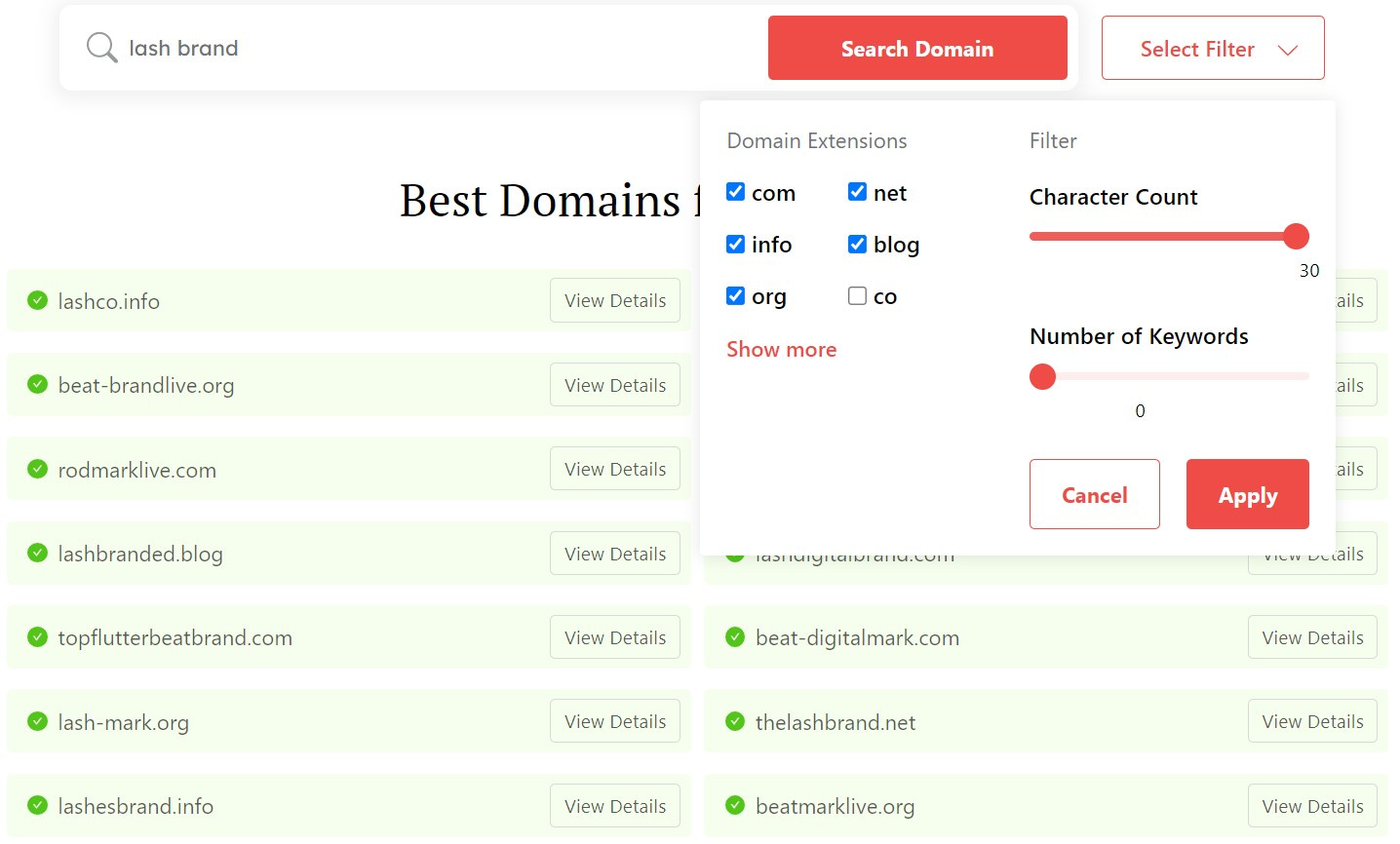 DomainWheel lash business name generator search filters