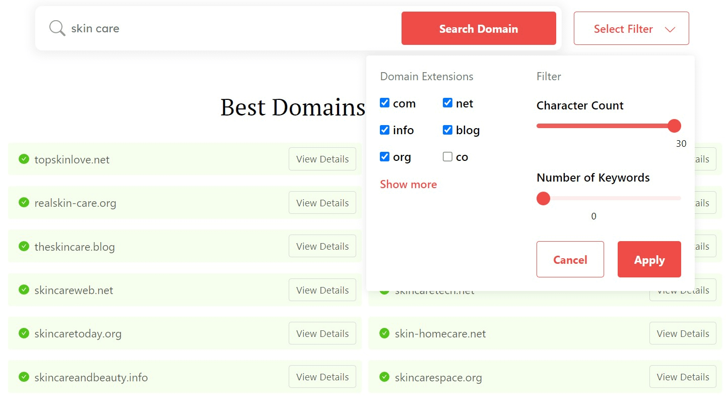 filter domain search
