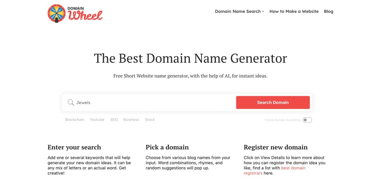 Jewelry name generator - DomainWheel homepage