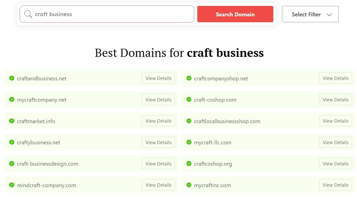 DomainWheel craft business name generator search results for "Craft business"