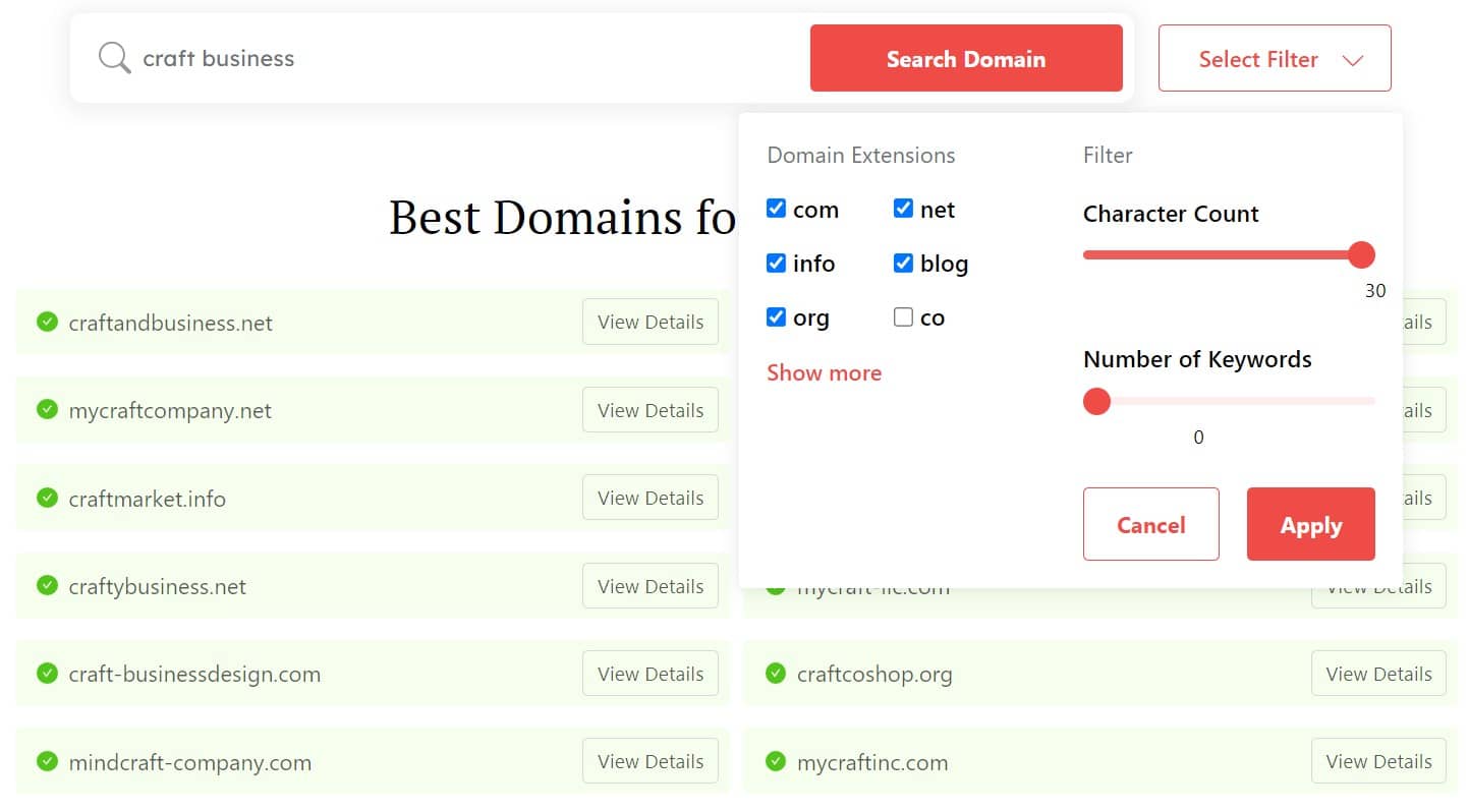 DomainWheel craft business name generator search filters for domain extensions, character count, and number of keywords