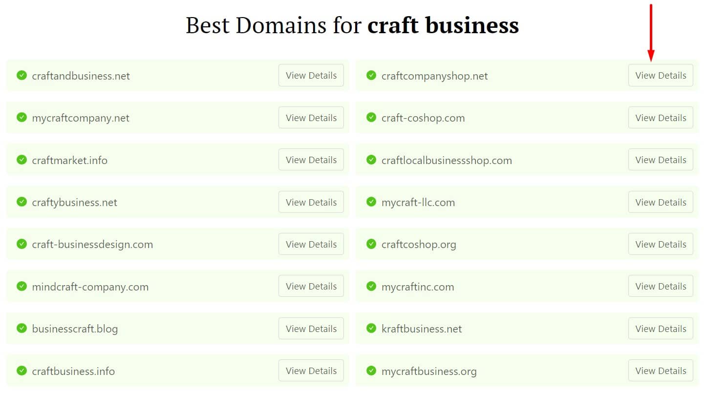 DomainWheel craft business name generator search results with an arrow pointing at the "View Details" button for the top right search result