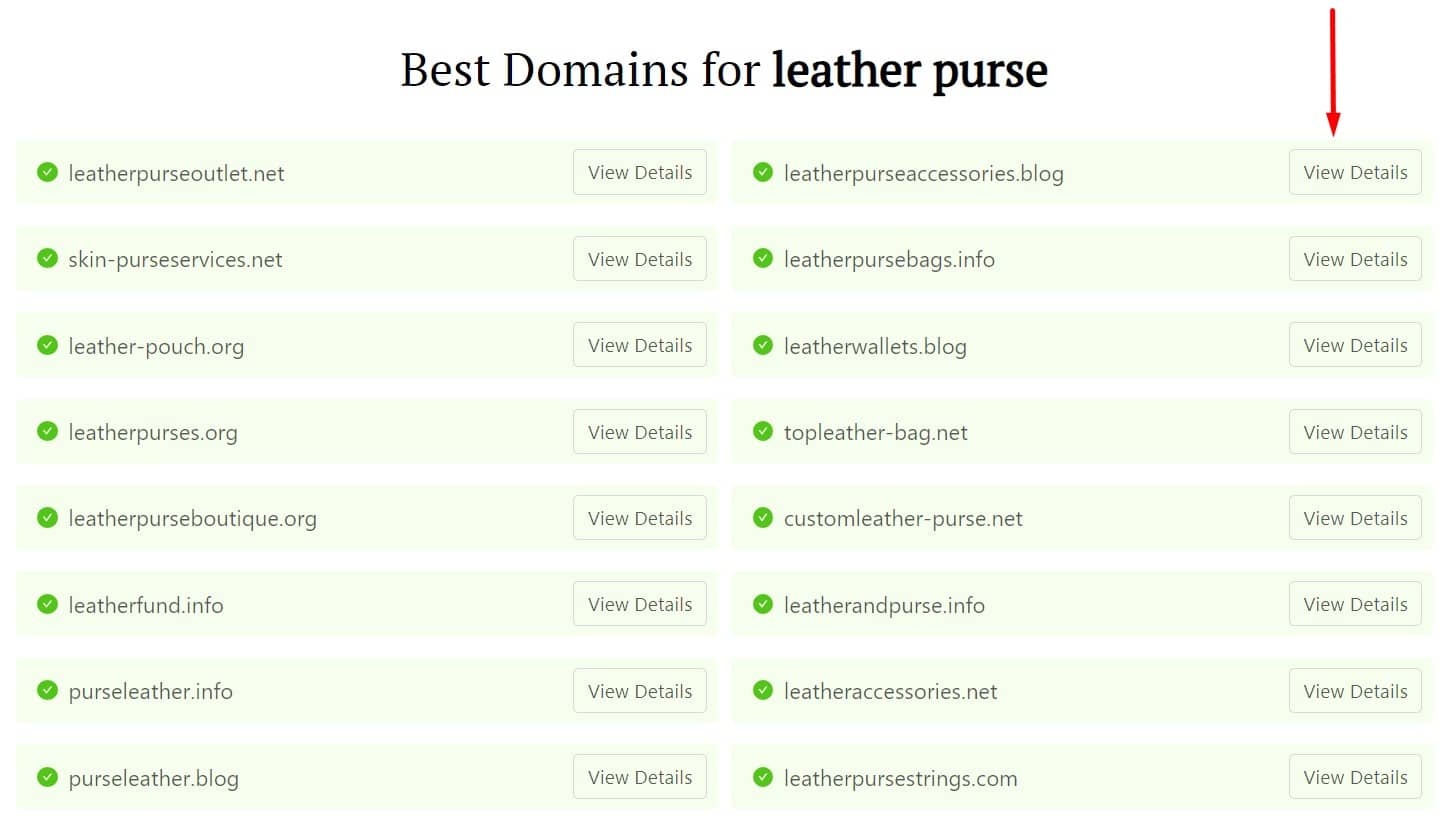 DomainWheel search results for "leather purse" with a red arrow pointing to the "View Details" button attached to the top right result.