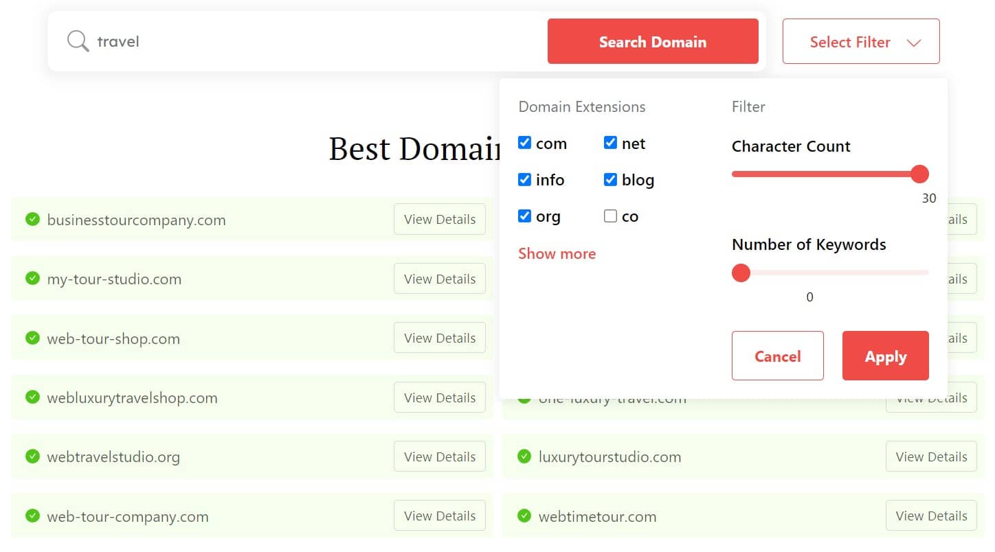 DomainWheel travel blog name generator search filters for domain extensions, filters, and number of keywords