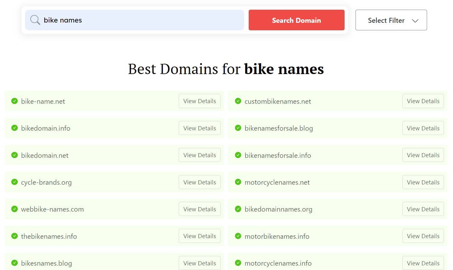 DomainWheel bike name generator search results for bike names