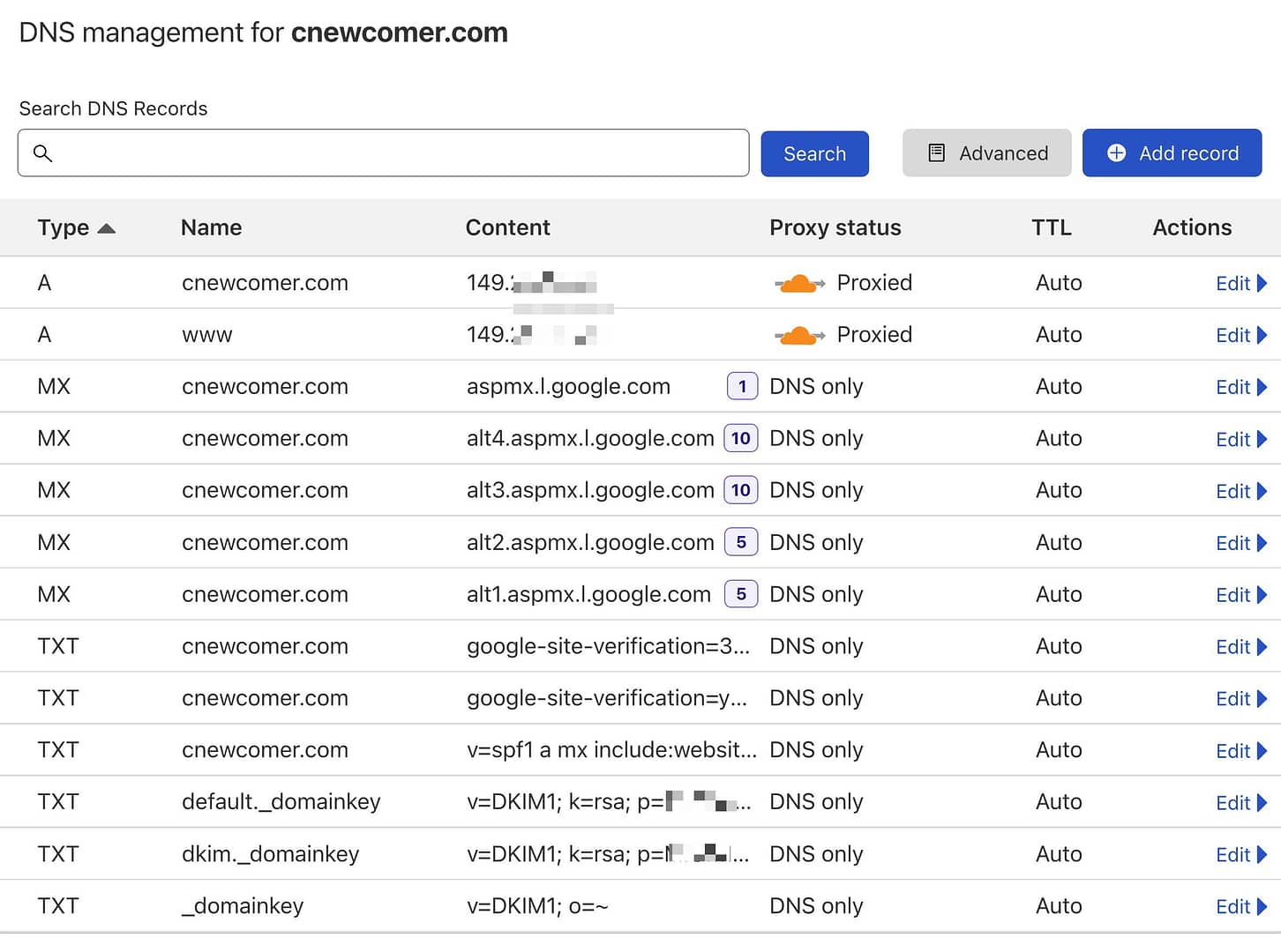 DNS records at Cloudflare