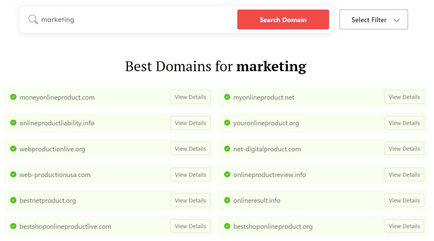 DomainWheel marketing company name generator search results for "marketing"
