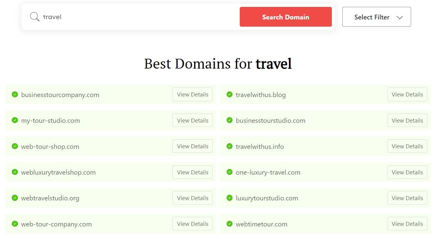 DomainWheel travel blog name generator search results for "travel"