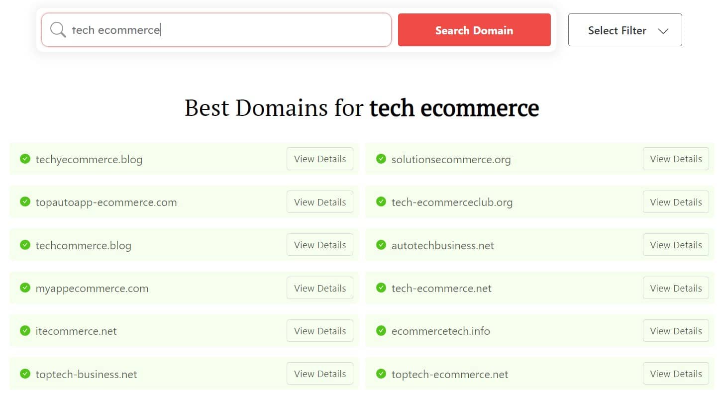 DomainWheel name generator search for "tech ecommerce"