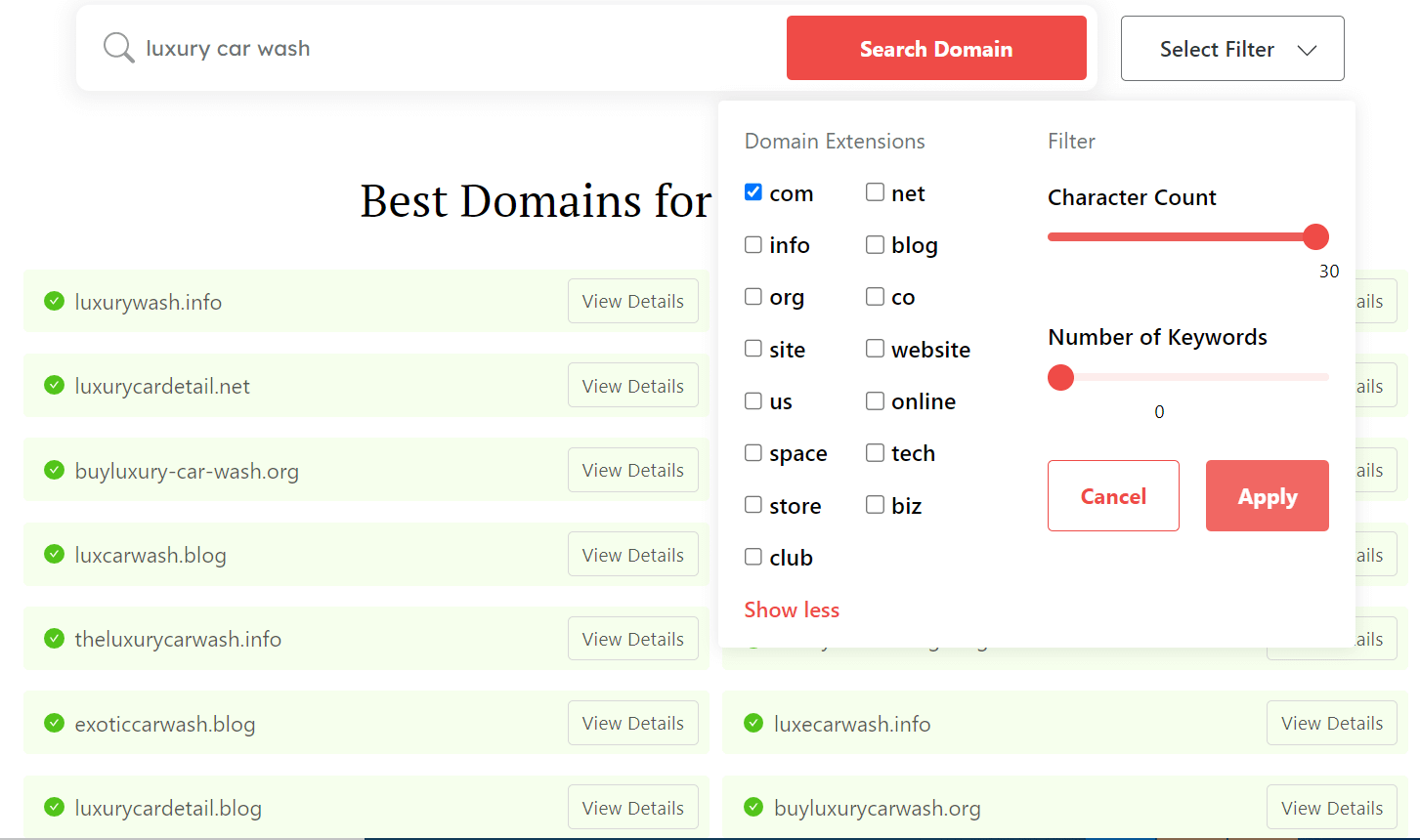 car wash names generator - filtering the search