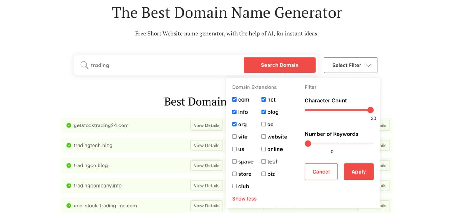 Filters for trading company names search in DomainWheel