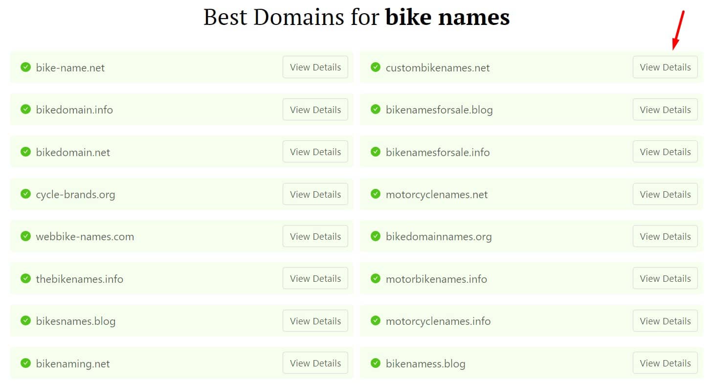 DomainWheel bike name generator results with an arrow pointing to "View Details" button beside a name