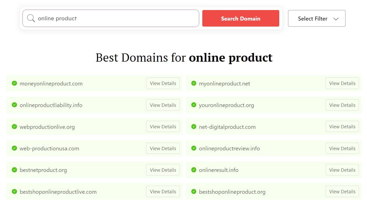 DomainWheel product name generator search results for "online product"