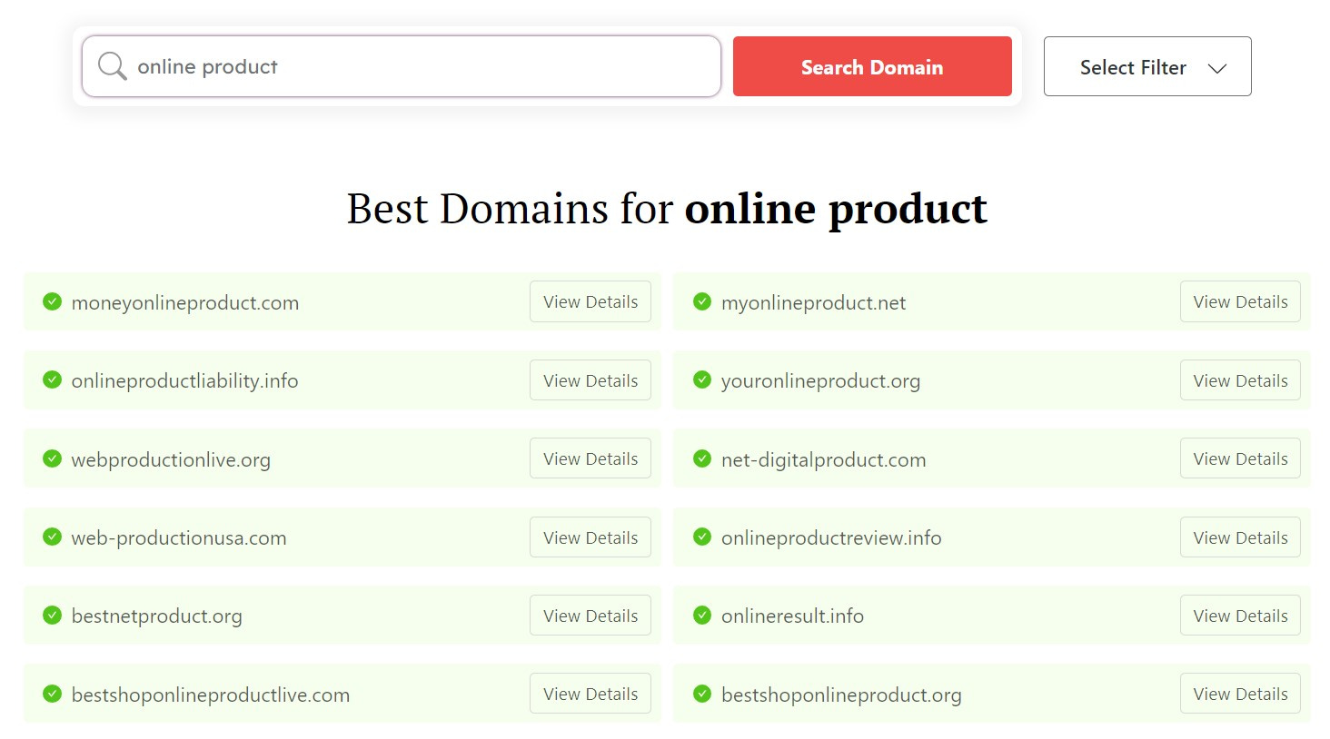 DomainWheel product name generator search results for "online product"