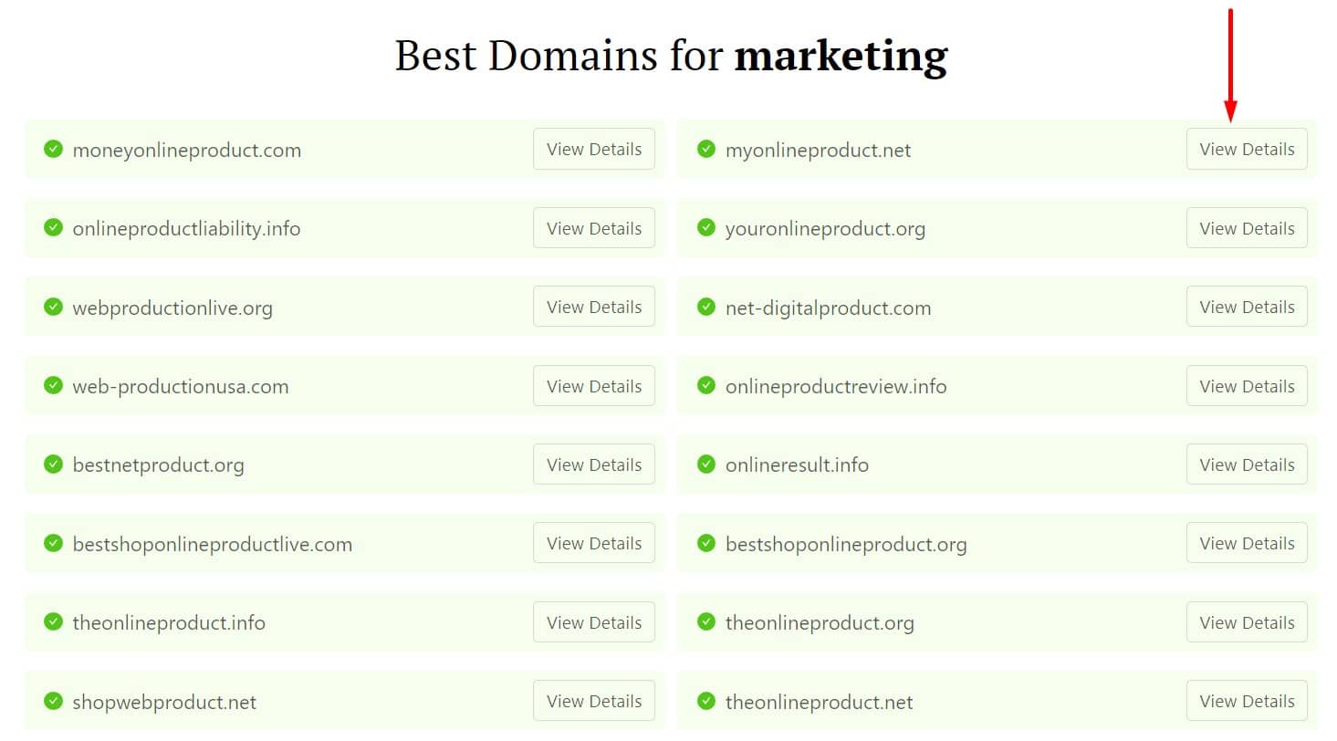 DomainWheel marketing company name generator with an arrow pointing to the "View Details" button attached to the top right name suggestion