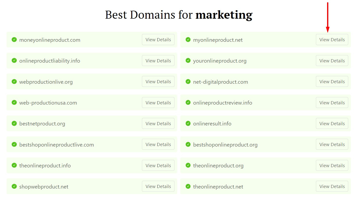 DomainWheel marketing company name generator with an arrow pointing to the "View Details" button attached to the top right name suggestion
