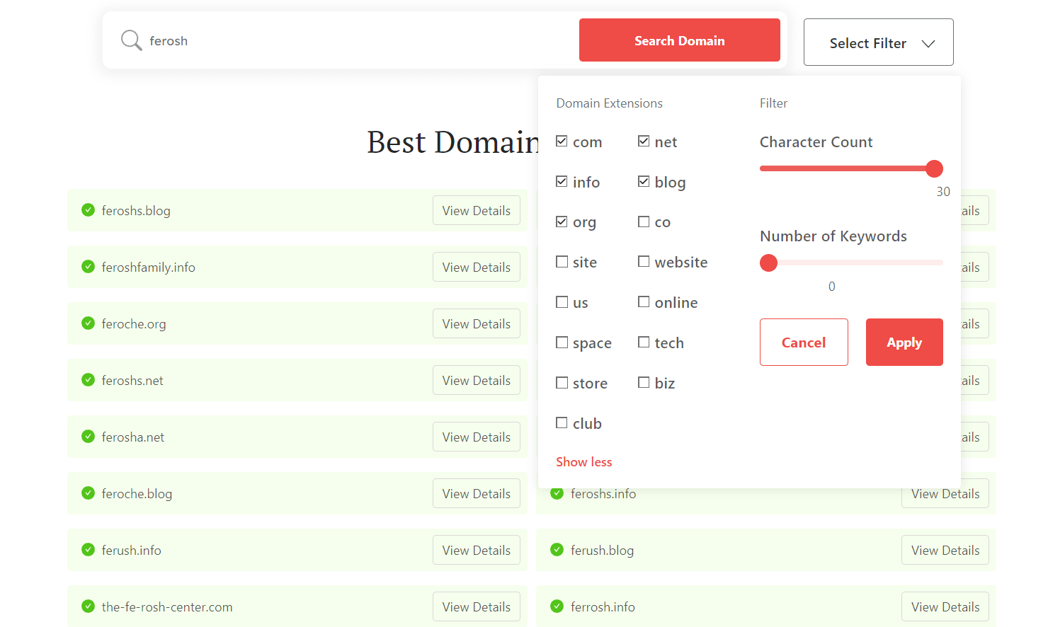 DomainWheel brand name generator search filters