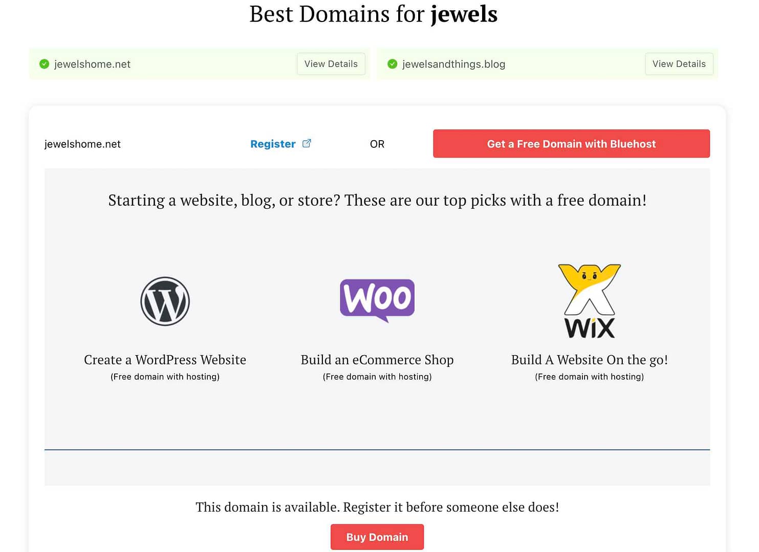 Jewelry name generator - DomainWheel "Buy Domain" page