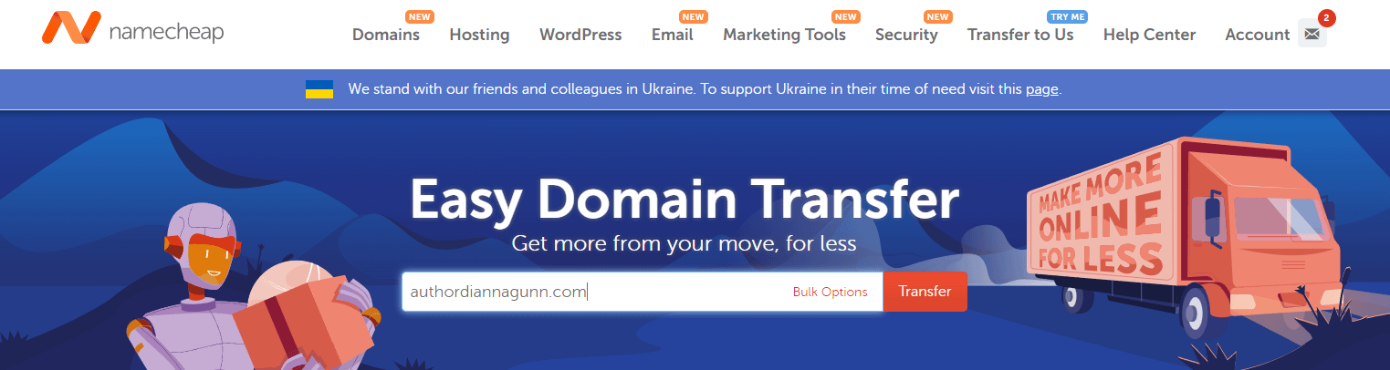 Namecheap domain transfer area with "authordiannagunn.com" typed into the transfer box.