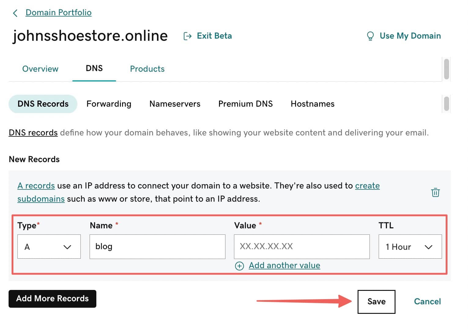 How to create subdomain in GoDaddy: Type A DNS record creation.