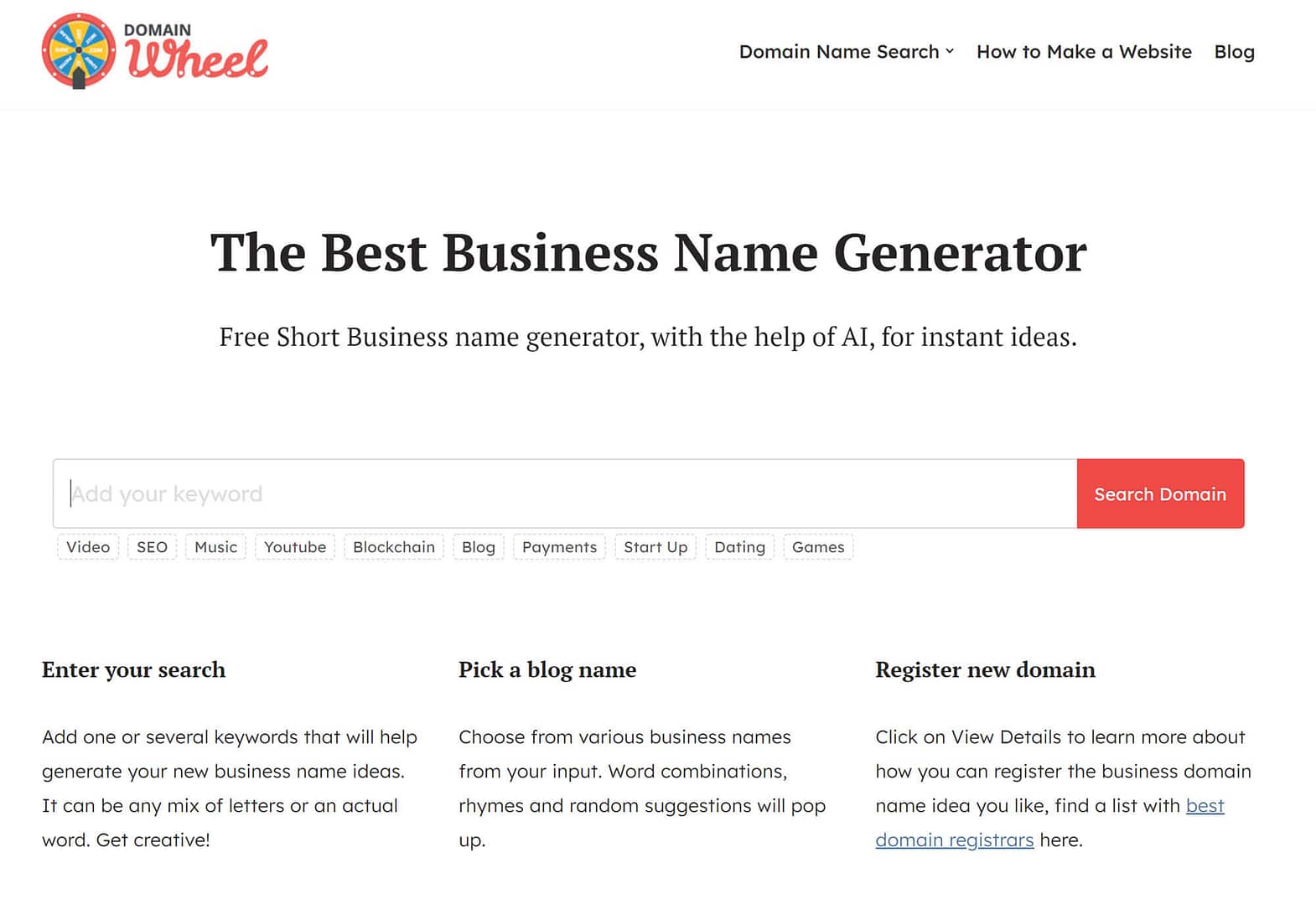 How to come up with a business name: DomainWheel business name generator front page