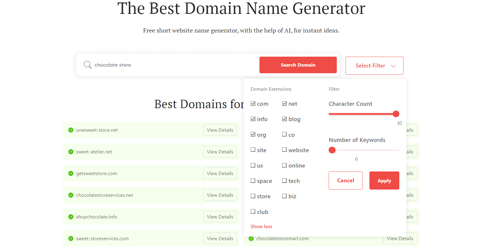 Chocolate business names - DomainWheel search filters for domain extensions, character count, and number of keywords