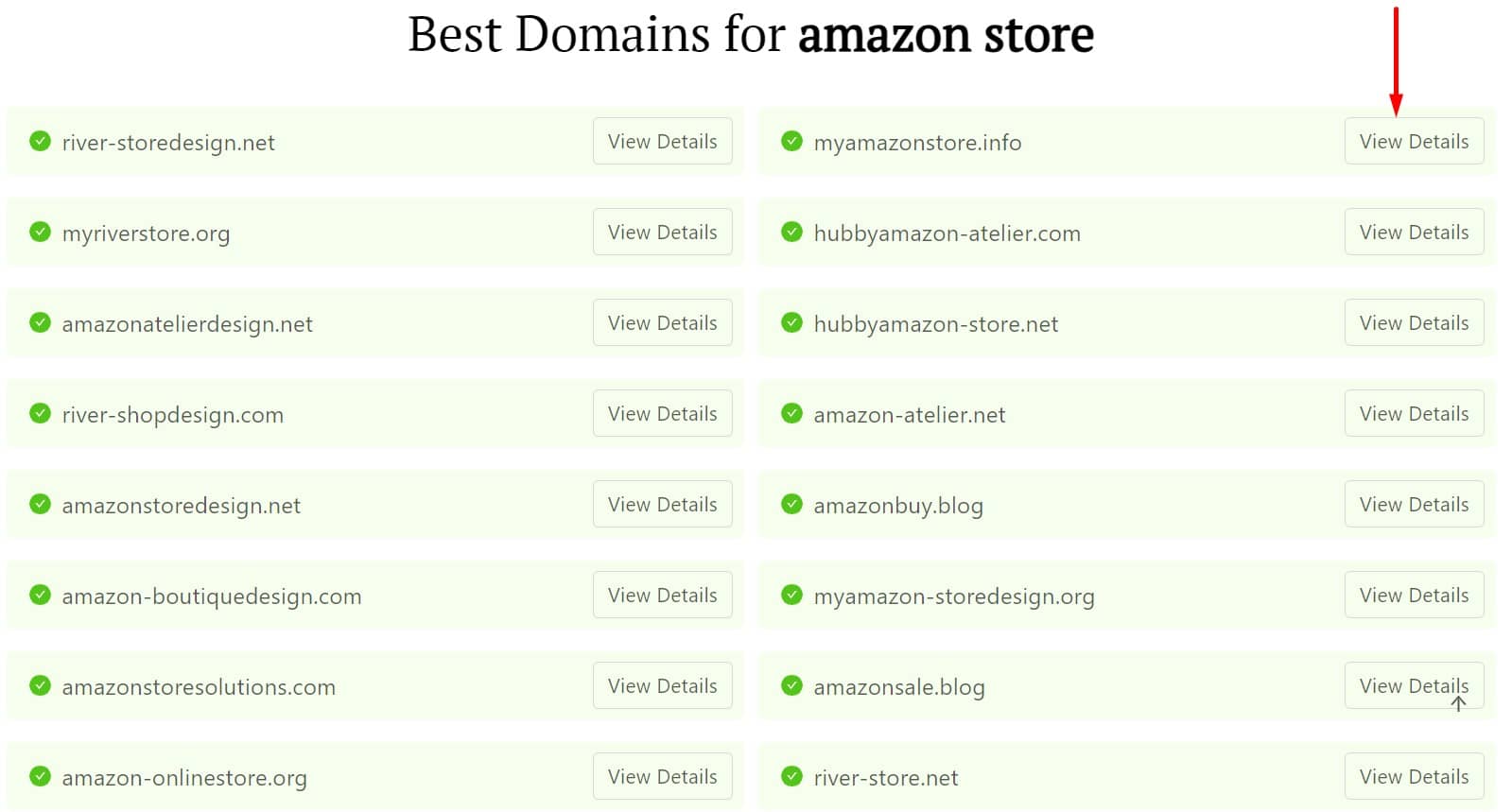 DomainWheel domain name generator search results with a red arrow pointing to the "View Details" in the top right search result