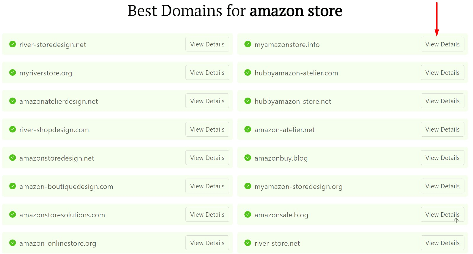 DomainWheel domain name generator search results with a red arrow pointing to the "View Details" in the top right search result