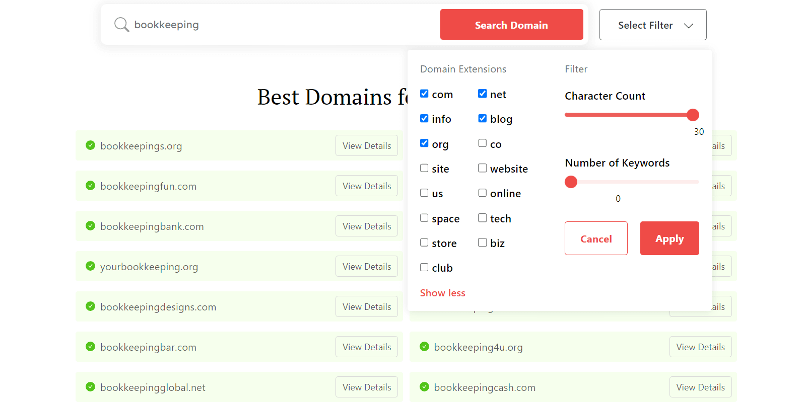 DomainWheel bookkeeping business names generator search filters for domain extensions, character count, and number of keywords