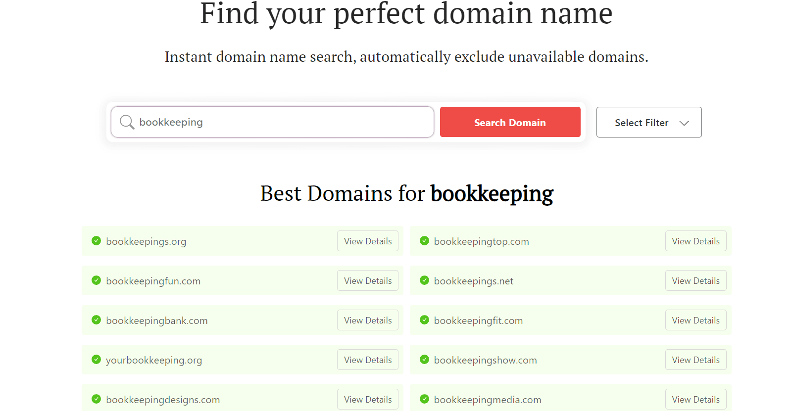 DomainWheel bookkeeper business names generator with search results for "Bookkeeping"