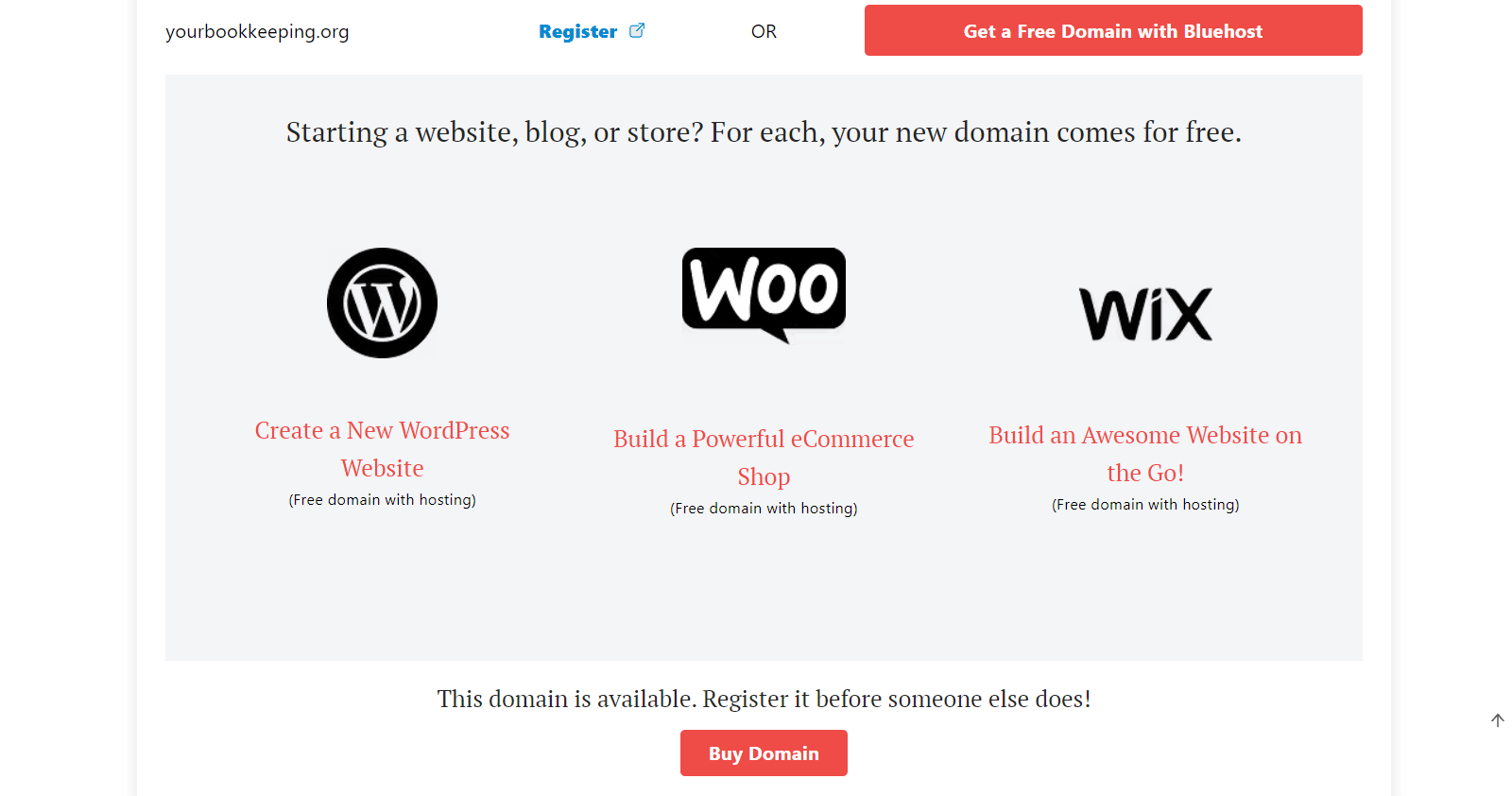 DomainWheel bookkeeper business names generator "View Details" area with information about WordPress, WooCommerce, and Wix