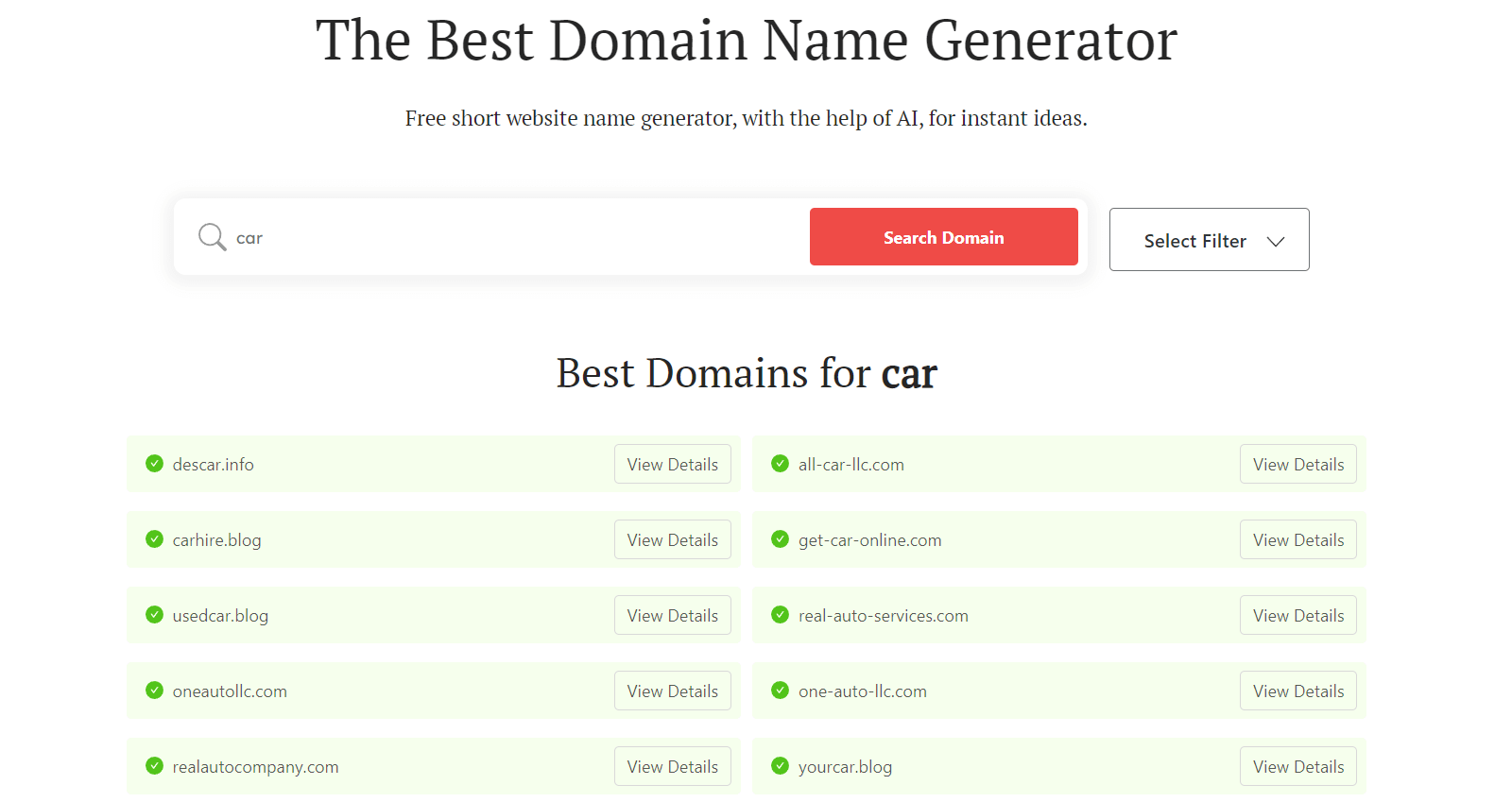 DomainWheel car dealership names generator search results for "car"