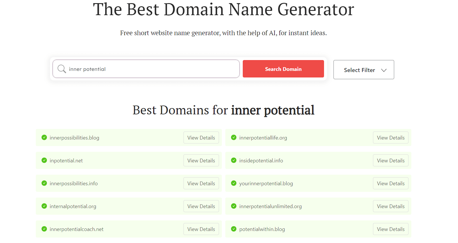 DomainWheel life coach business name generator search results for "inner potential"