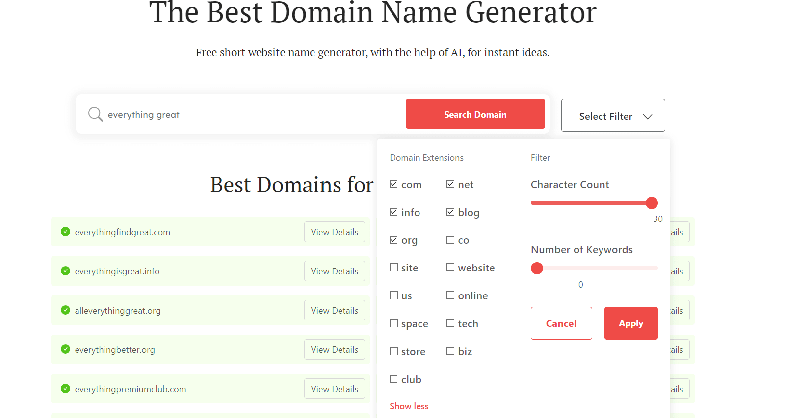 DomainWheel lifestyle blog names generator search filters for domain extension, character count, and number of keywords
